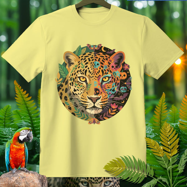 Yellow t-shirt with a circular design featuring a leopard's face decorated with floral, skull, and moth motifs.