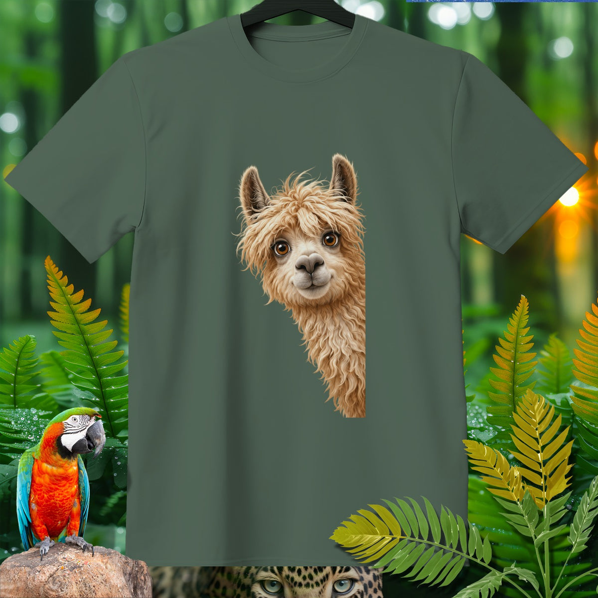 Green t-shirt with a fluffy llama peeking from the side.