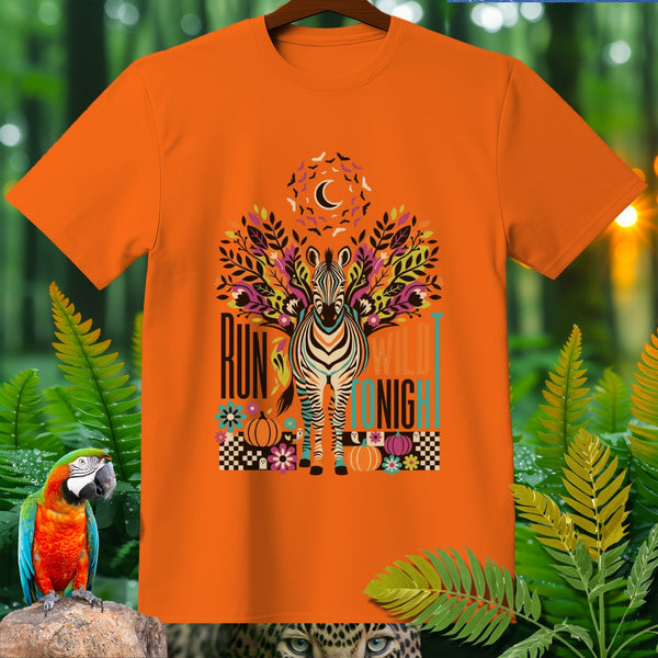 Orange t-shirt with a zebra and "Run Wild Tonight" text design.