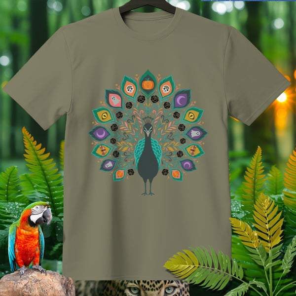Khaki t-shirt with a dark gray peacock design featuring Halloween motifs.