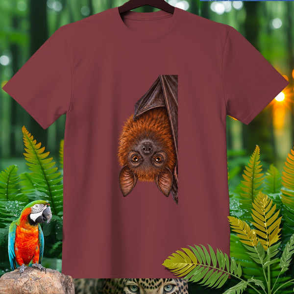 Maroon t-shirt featuring a realistic illustration of an upside-down fruit bat.