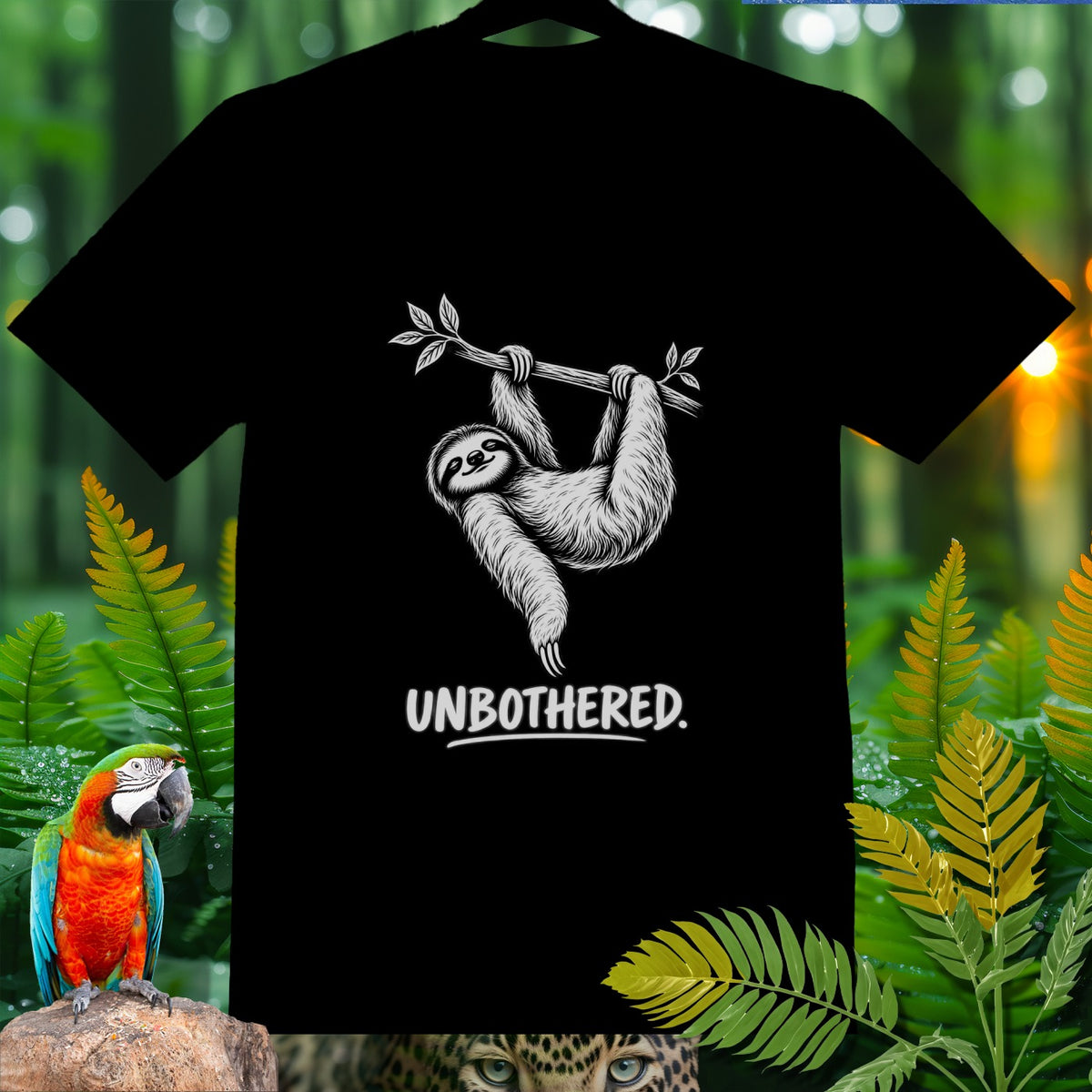 Black t-shirt with a sloth hanging from a branch, text "UNBOTHERED."