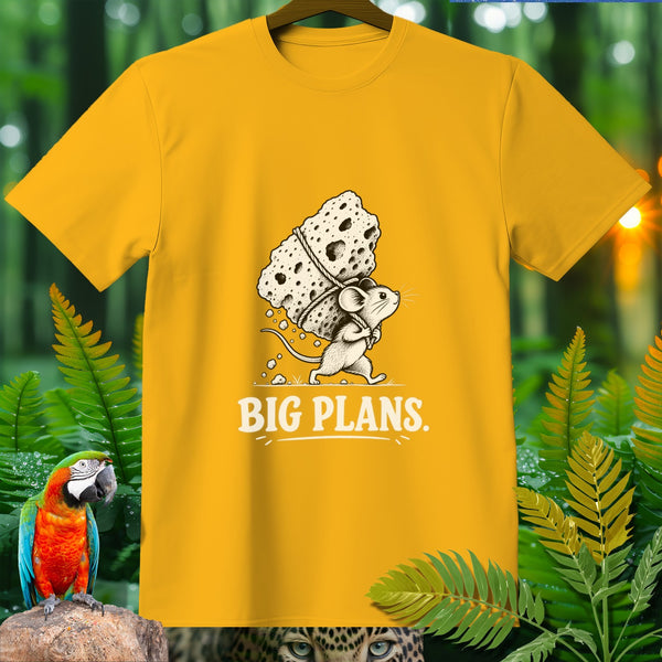 Yellow t-shirt with mouse carrying cheese and text "BIG PLANS."
