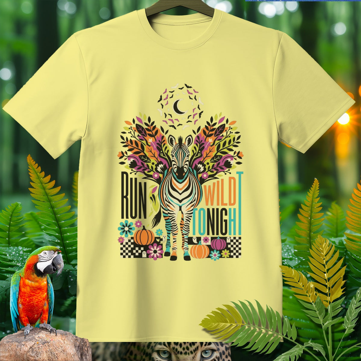 Yellow t-shirt with zebra, bats, moon, and "Run Wild Tonight" text.