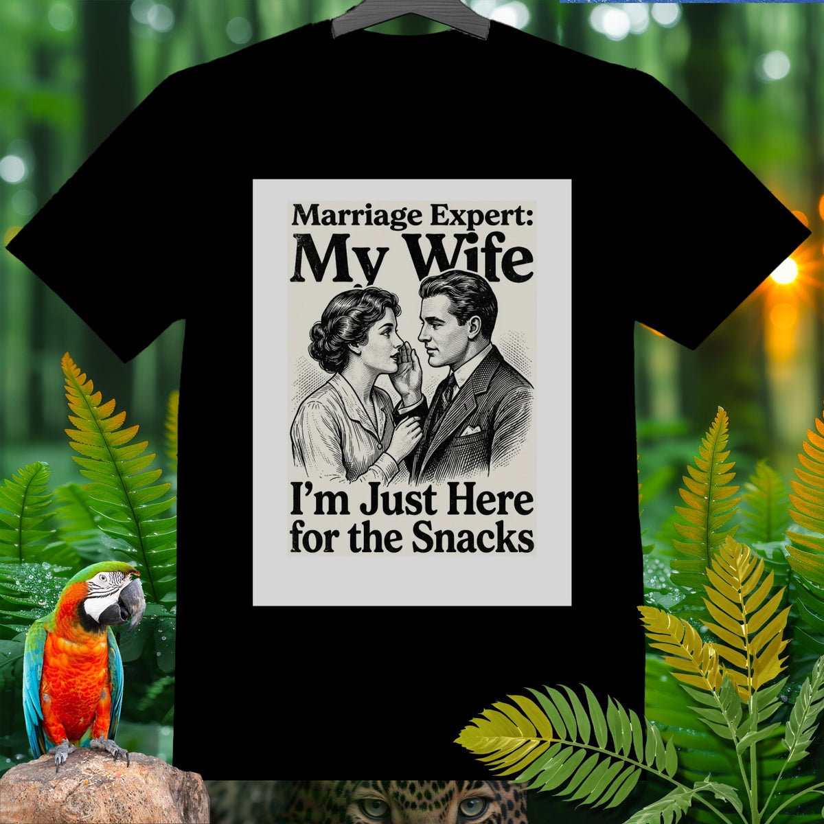 Black t-shirt with vintage illustration of couple and text "Marriage Expert: My Wife I'm Just Here for the Snacks".