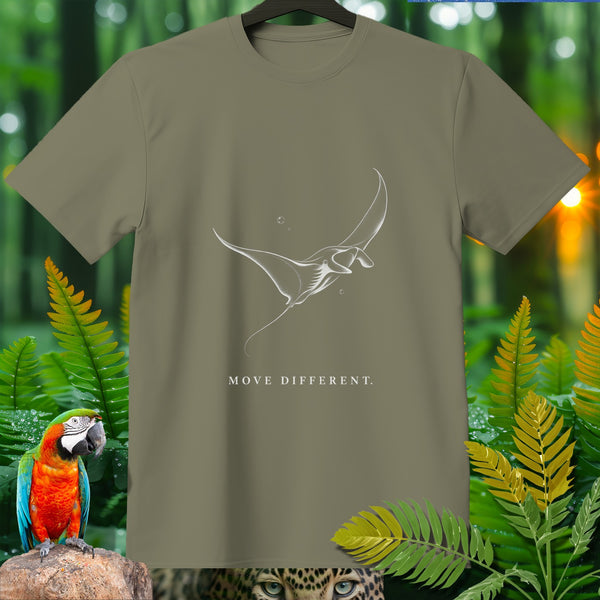 Olive green t-shirt with white manta ray graphic and "MOVE DIFFERENT." text.