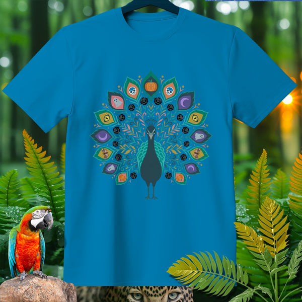 Teal t-shirt with a peacock design featuring Halloween icons.