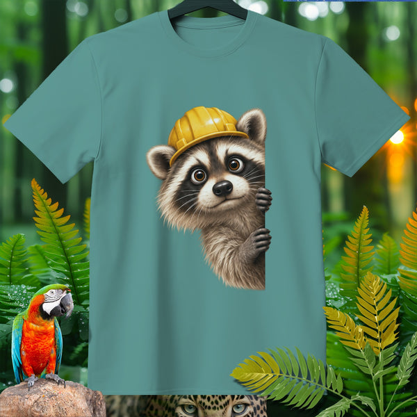 Teal t-shirt with raccoon wearing yellow hard hat, holding edge.