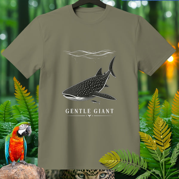 T-shirt with whale shark illustration and text "GENTLE GIANT".