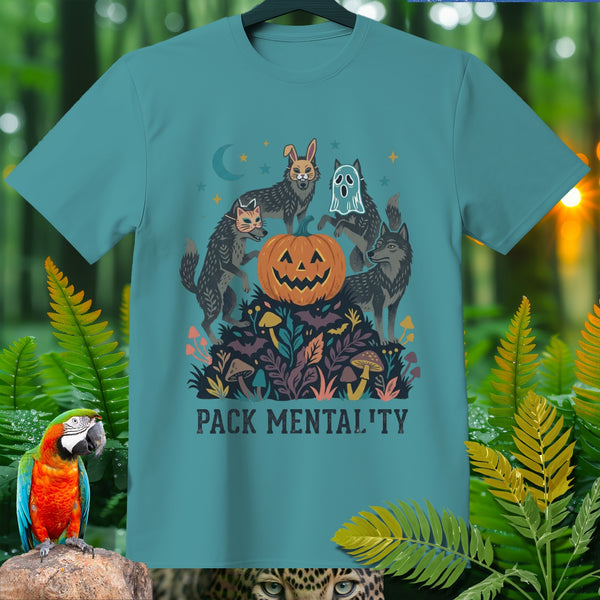 Teal t-shirt with wolves, a bunny, and ghost around a pumpkin, with text "PACK MENTALITY".