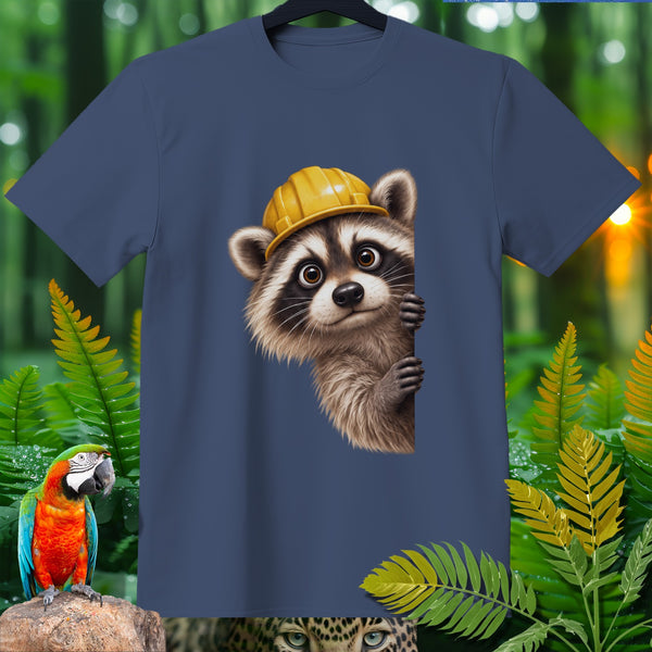 Raccoon wearing a yellow hard hat peeking from behind foliage.