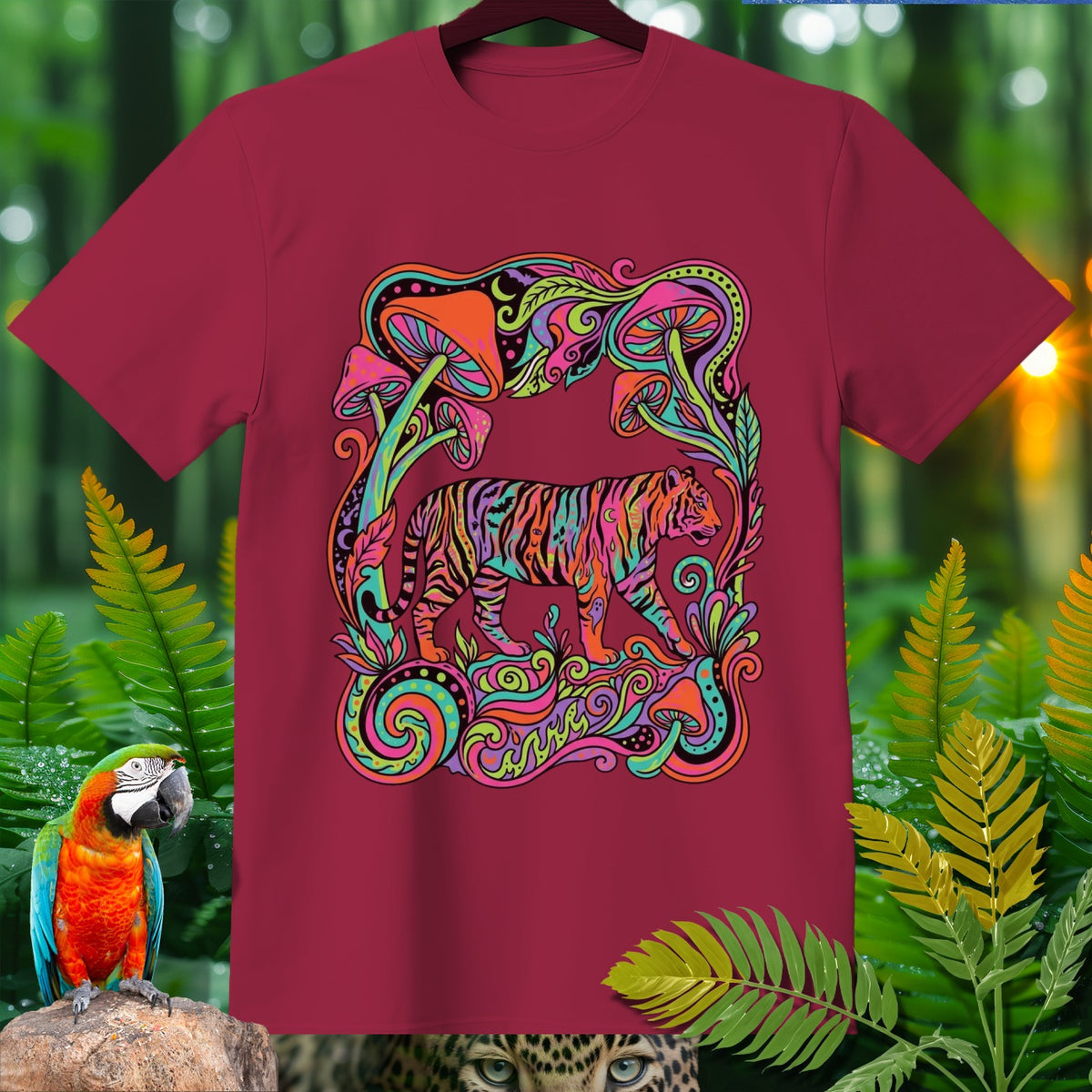 Maroon t-shirt with a colorful psychedelic tiger and mushroom graphic.