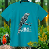 Teal t-shirt with a grayscale macaw graphic and text 