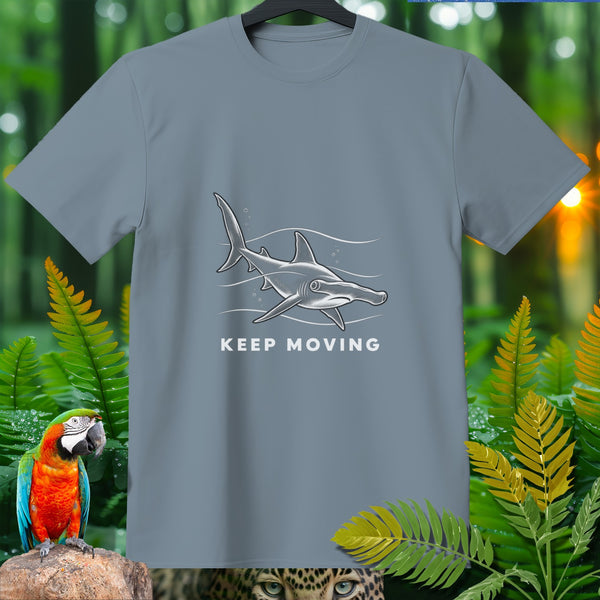 Grey t-shirt with a sketch of a hammerhead shark and text "KEEP MOVING".
