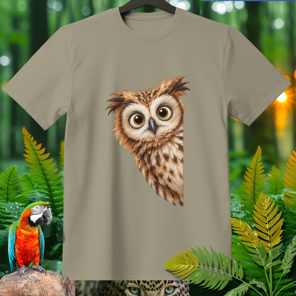 Beige t-shirt featuring a digitally rendered owl illustration on the left chest.