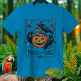 Blue t-shirt with Halloween graphic of crows and pumpkin, reads 