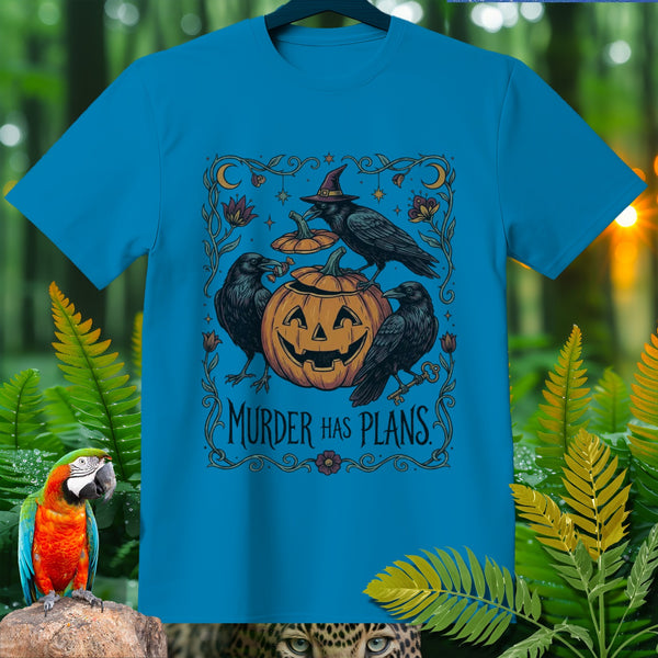 Blue t-shirt with Halloween graphic of crows and pumpkin, reads "MURDER HAS PLANS".