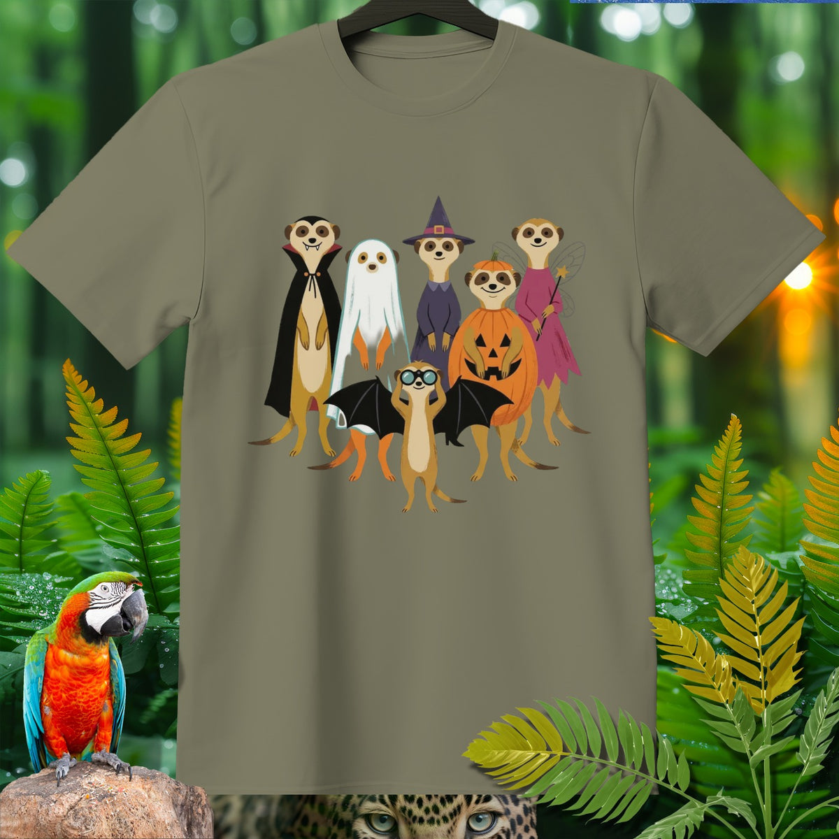 Group of meerkats dressed in Halloween costumes including vampire, ghost, witch, and fairy.