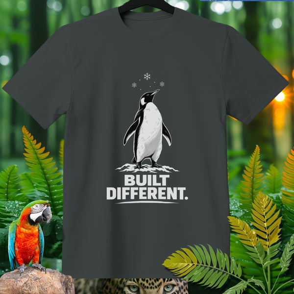 T-shirt with a penguin graphic and the text "BUILT DIFFERENT."