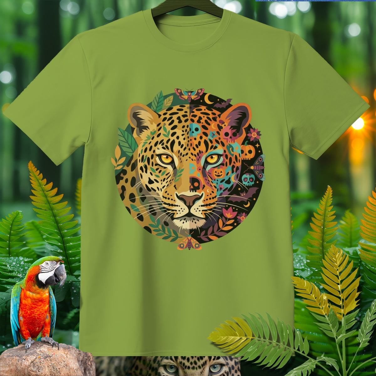 Green t-shirt with a leopard face graphic featuring floral and skull designs.