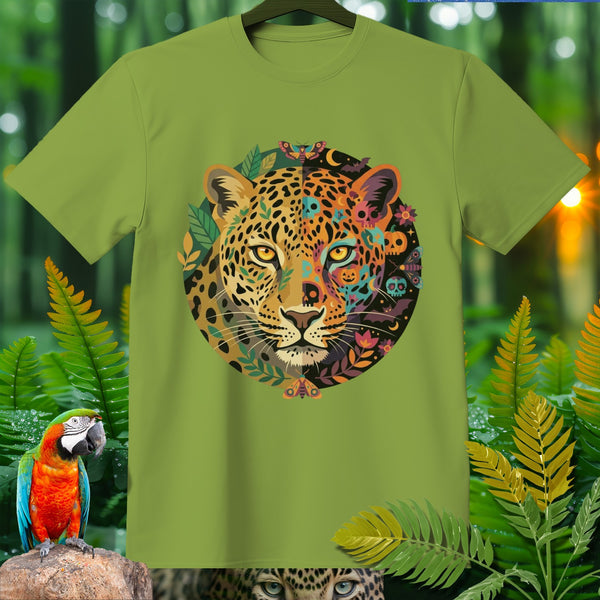 Green t-shirt with a leopard face graphic featuring floral and skull designs.