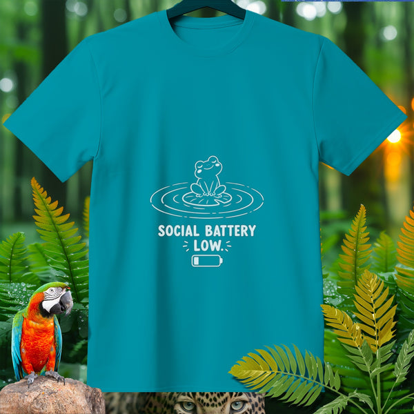 Teal t-shirt with white text "SOCIAL BATTERY LOW" and a frog icon.