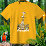 Yellow t-shirt with cartoon giraffe above other animals, text 