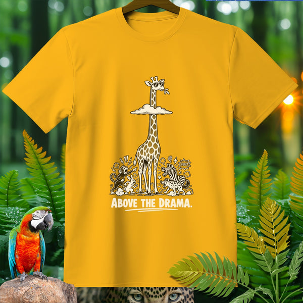 Yellow t-shirt with cartoon giraffe above other animals, text "ABOVE THE DRAMA."