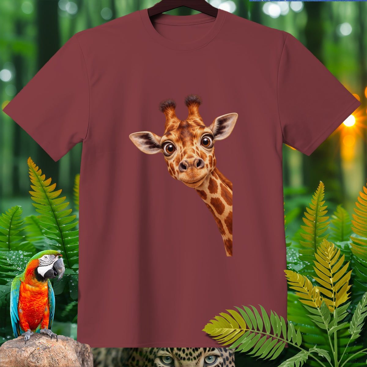 Maroon t-shirt featuring a peeking cartoon giraffe head with large eyes.