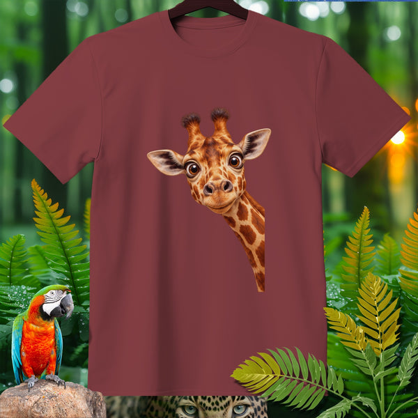 Maroon t-shirt featuring a peeking cartoon giraffe head with large eyes.