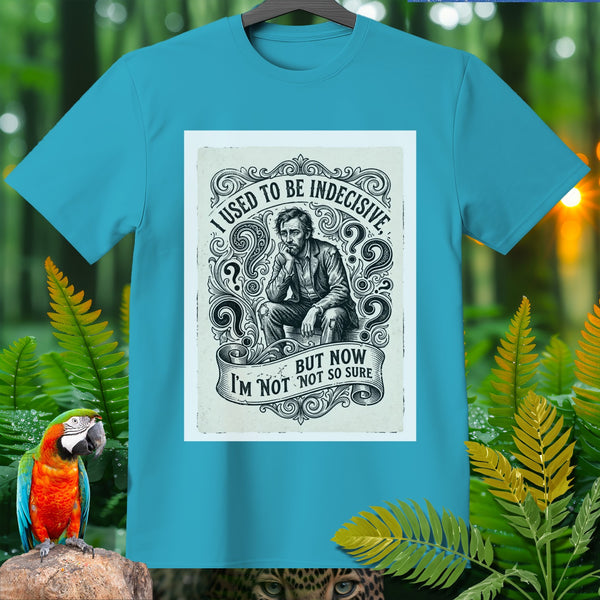 Aqua t-shirt with a graphic that reads "I USED TO BE INDECISIVE, BUT NOW I'M NOT SO SURE".