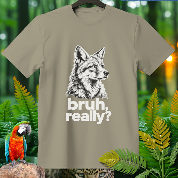 T-shirt with a sketch of a fox and the text "bruh, really?"
