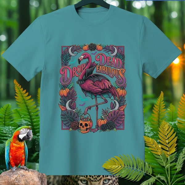 Teal t-shirt featuring a Halloween-themed flamingo with "Drop Dead Fabulous" text.