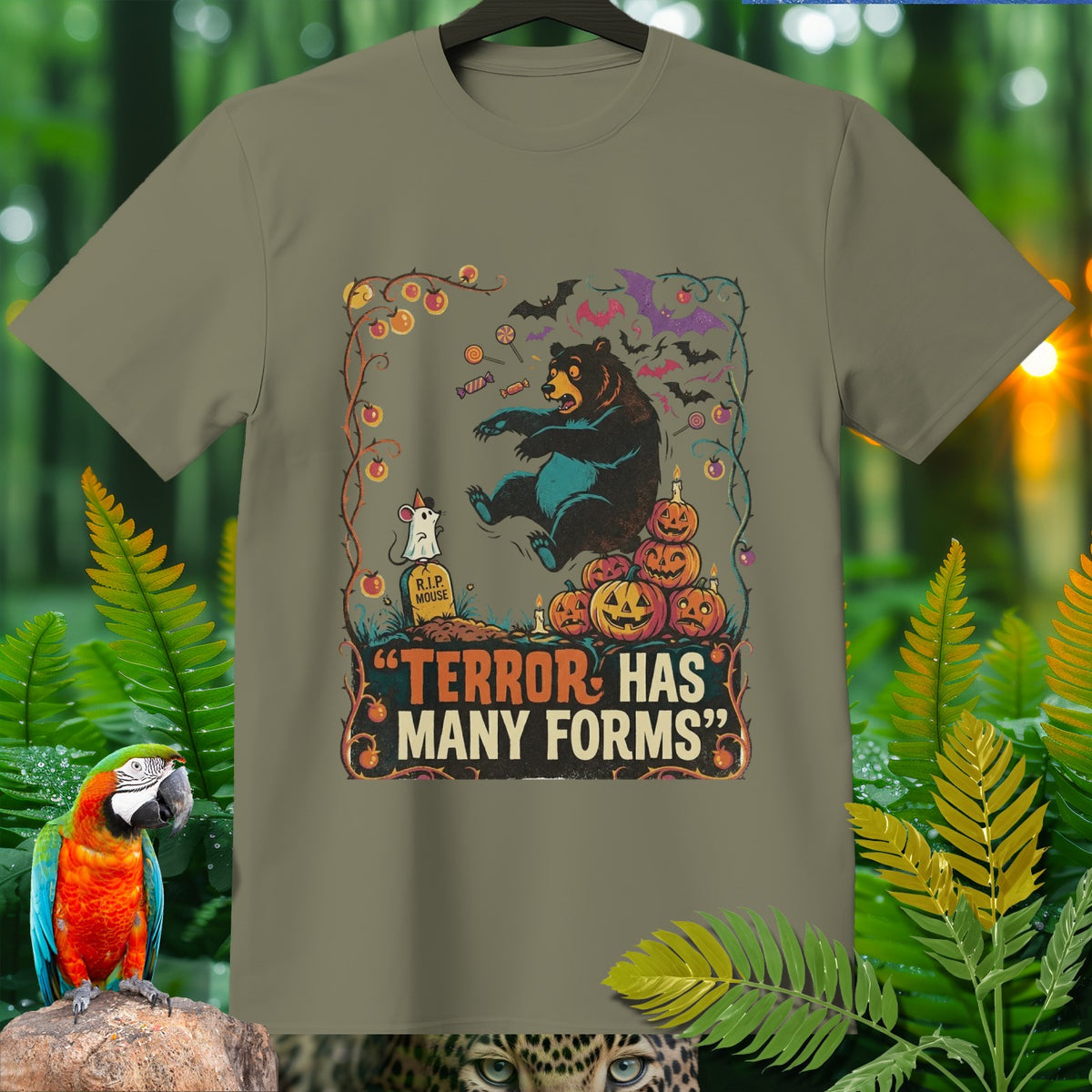 Bear, mouse, and pumpkins graphic with text "Terror Has Many Forms" on t-shirt.