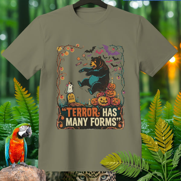 Bear, mouse, and pumpkins graphic with text "Terror Has Many Forms" on t-shirt.