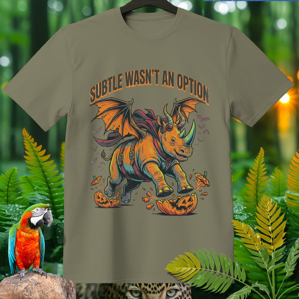 T-shirt with a winged rhinoceros breaking a jack-o'-lantern, with text "SUBTLE WASN'T AN OPTION".