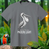 Grey t-shirt with sketch of pelican holding fish in its beak and 
