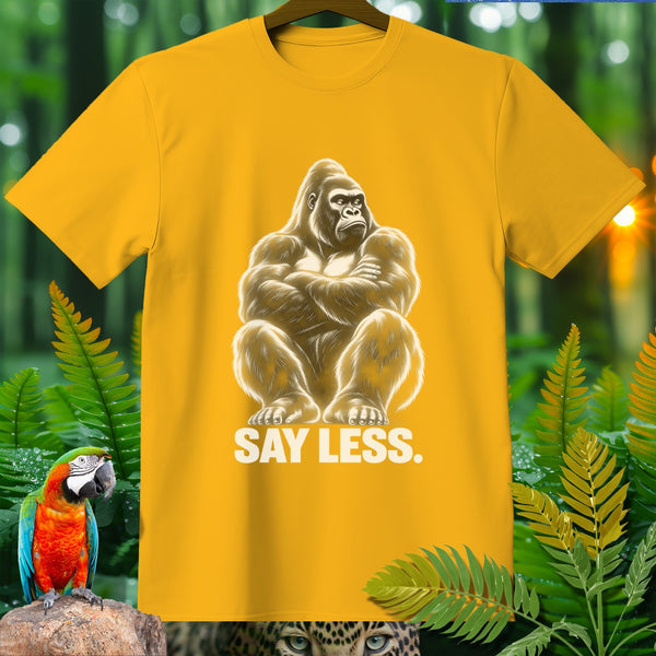 Yellow t-shirt with a white gorilla graphic and "SAY LESS" text.