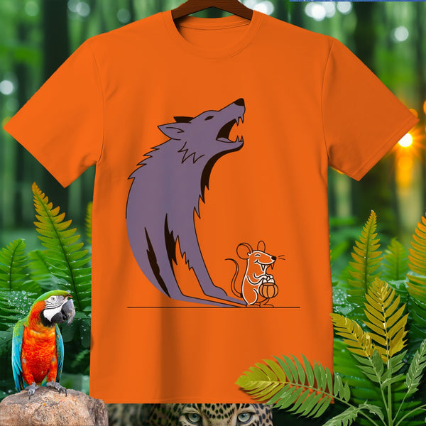 Orange t-shirt with cartoon wolf and mouse design.
