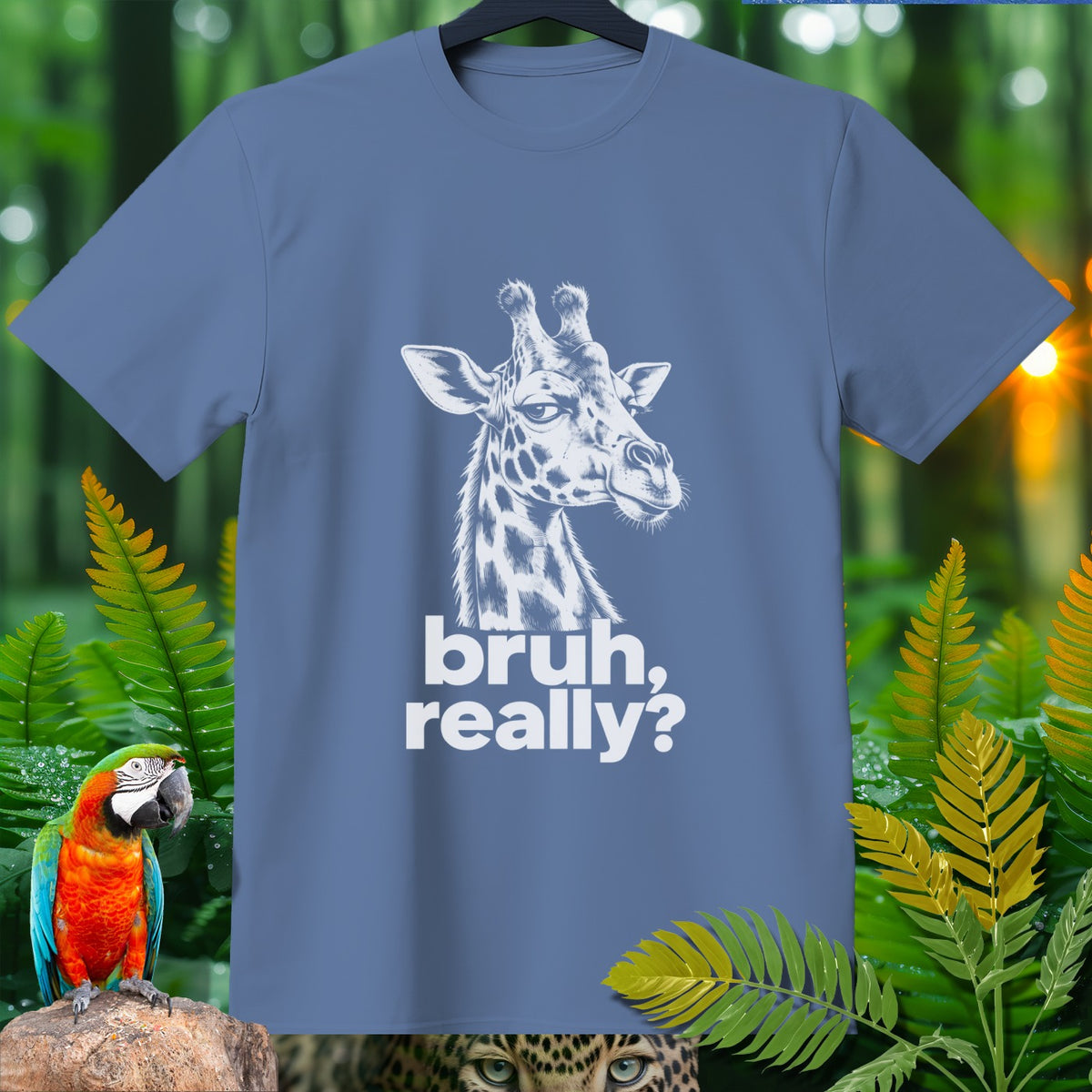 Blue t-shirt with white giraffe graphic and "bruh, really?" text.