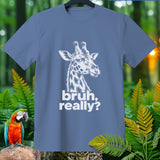 Blue t-shirt with white giraffe graphic and 