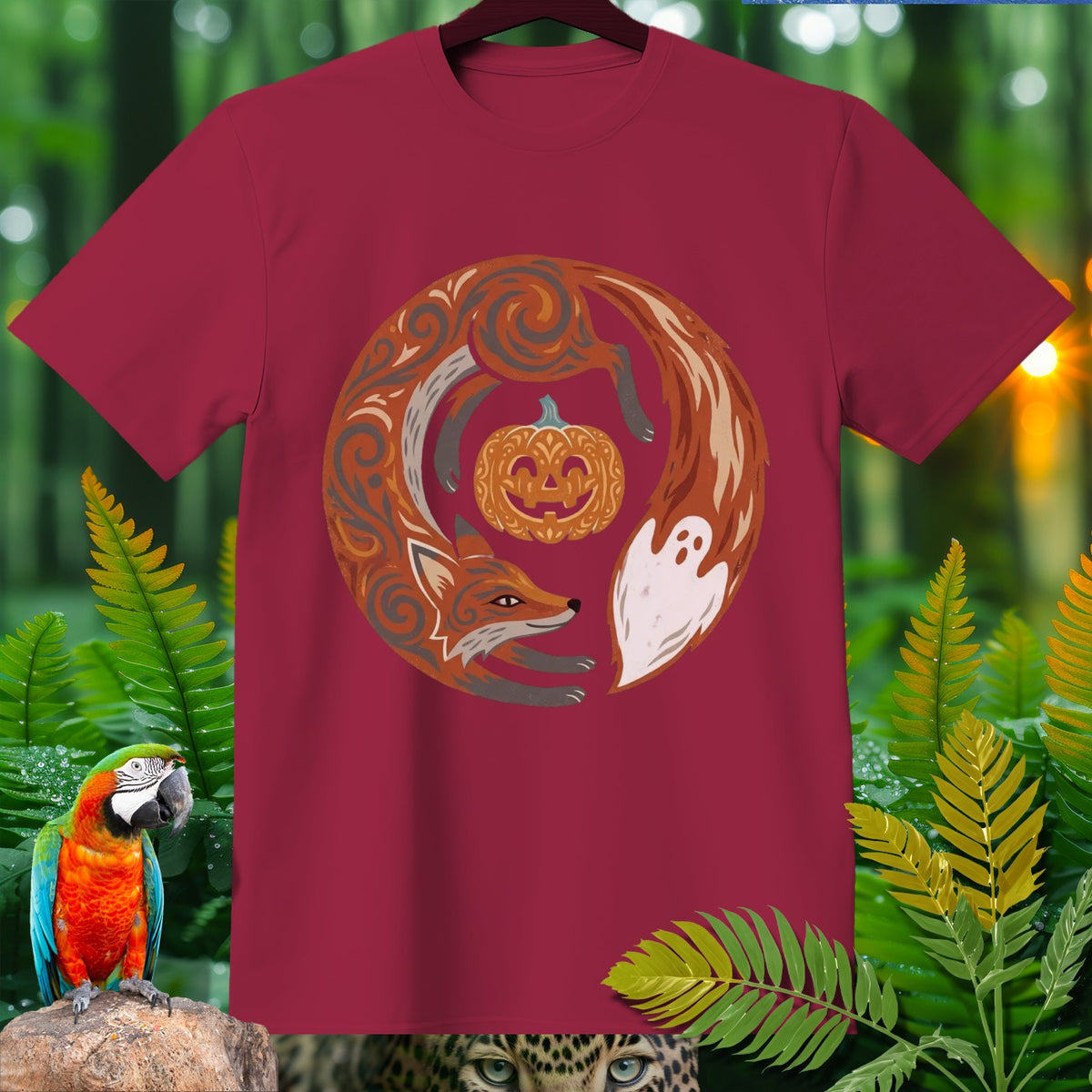 Crimson t-shirt with a circular Halloween design of a fox, pumpkin, and ghost.