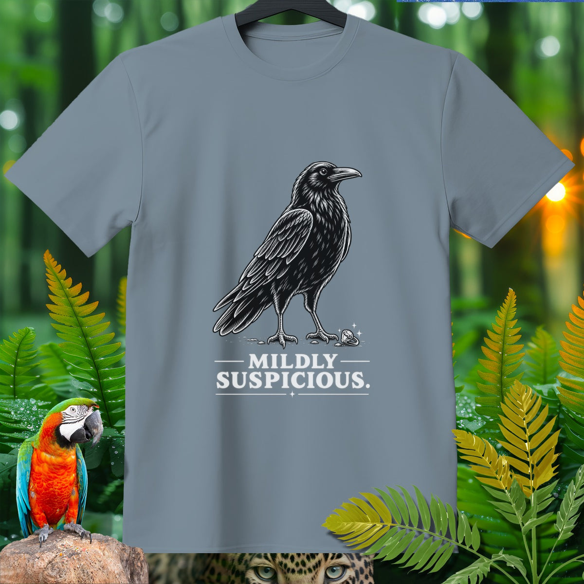 T-shirt with a black crow graphic and text "MILDLY SUSPICIOUS."