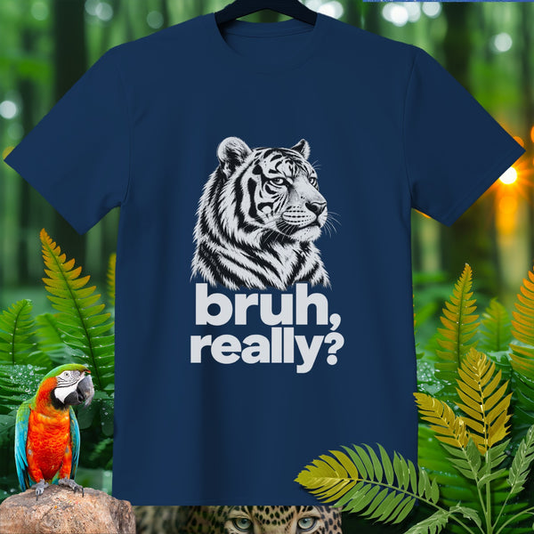 Navy t-shirt with white tiger head graphic and "bruh, really?" text.