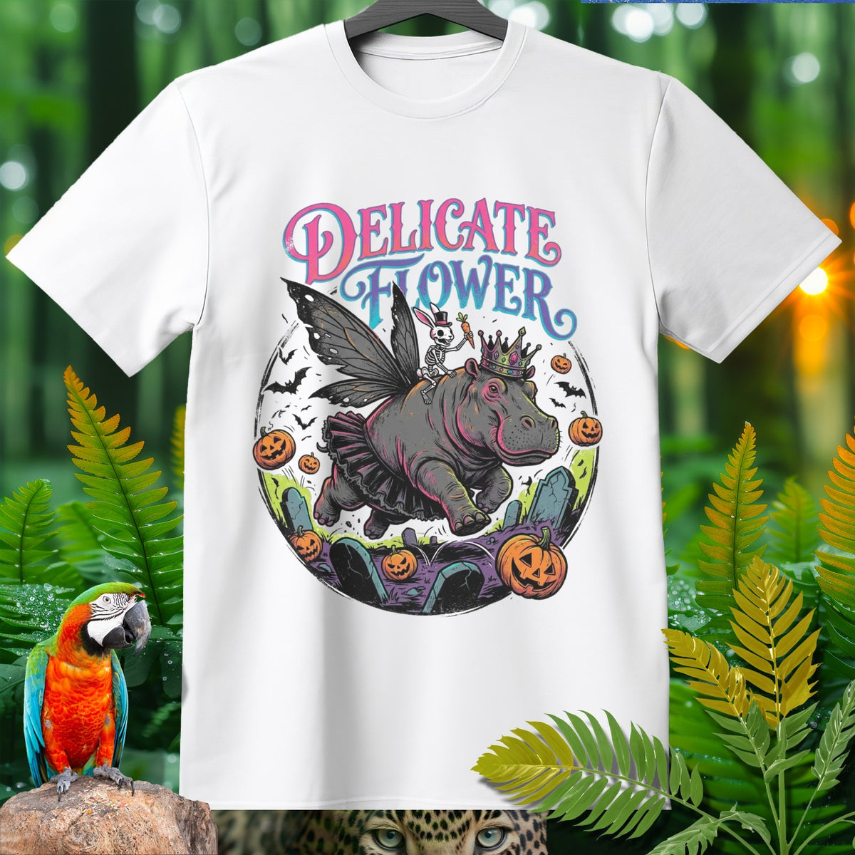 White t-shirt with graphic of hippo wearing fairy wings, skeleton, crown, and tutu among pumpkins and graves.