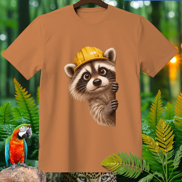 Orange t-shirt with a raccoon wearing a hard hat peeking from the side.