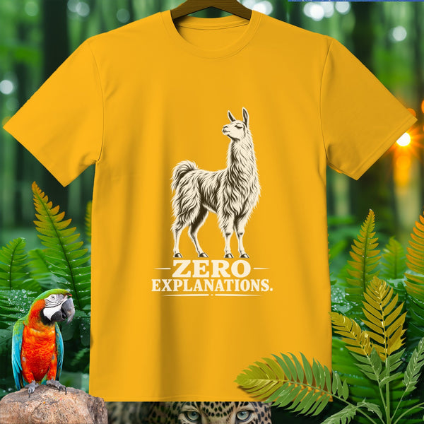 Yellow t-shirt with a llama graphic and text "ZERO EXPLANATIONS."