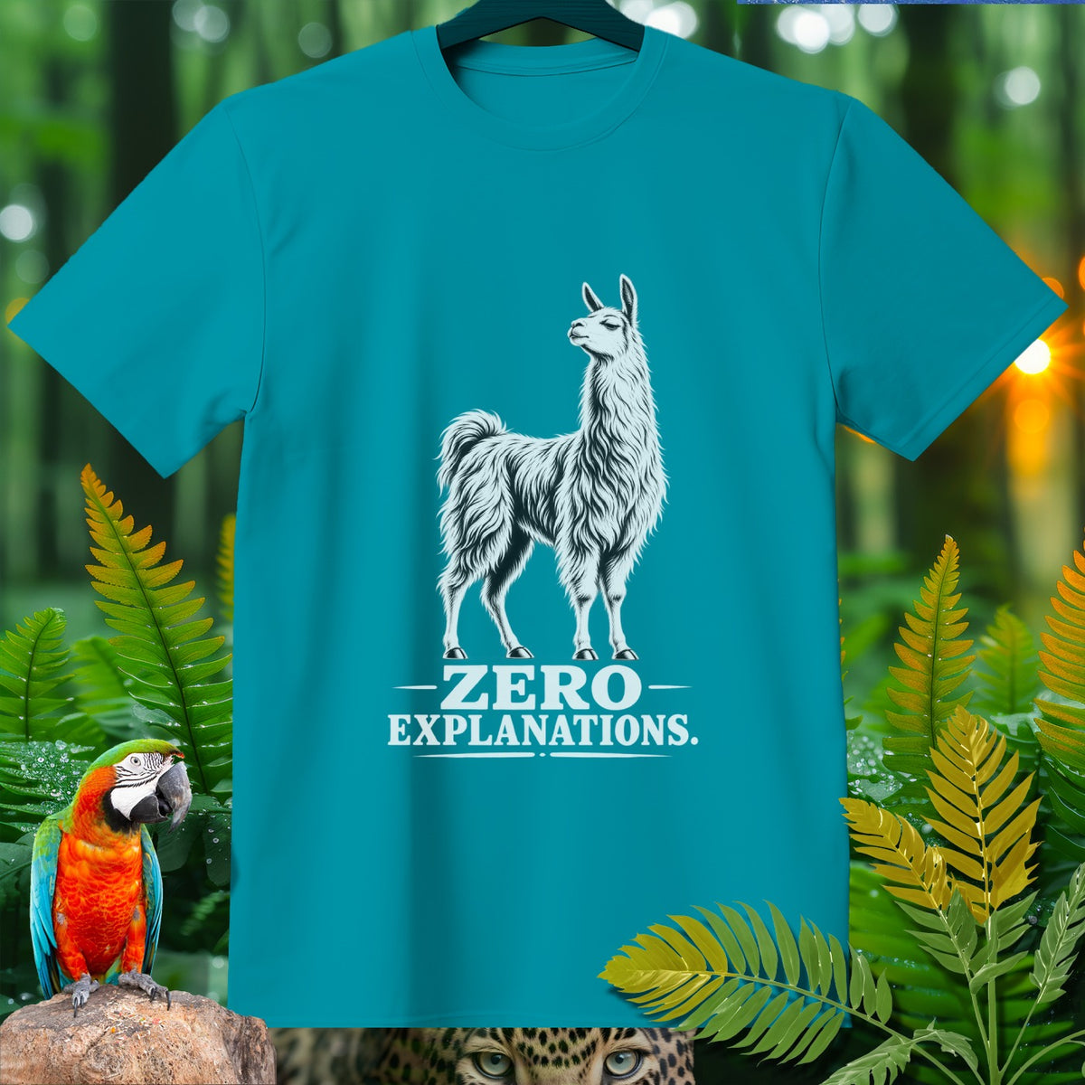 Teal t-shirt with a white llama graphic and text "- ZERO EXPLANATIONS."