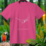 Pink t-shirt with white manta ray graphic and text 
