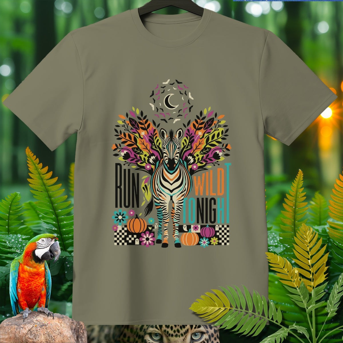 T-shirt with a zebra graphic, crescent moon, bats, and text "RUN WILD TONIGHT".